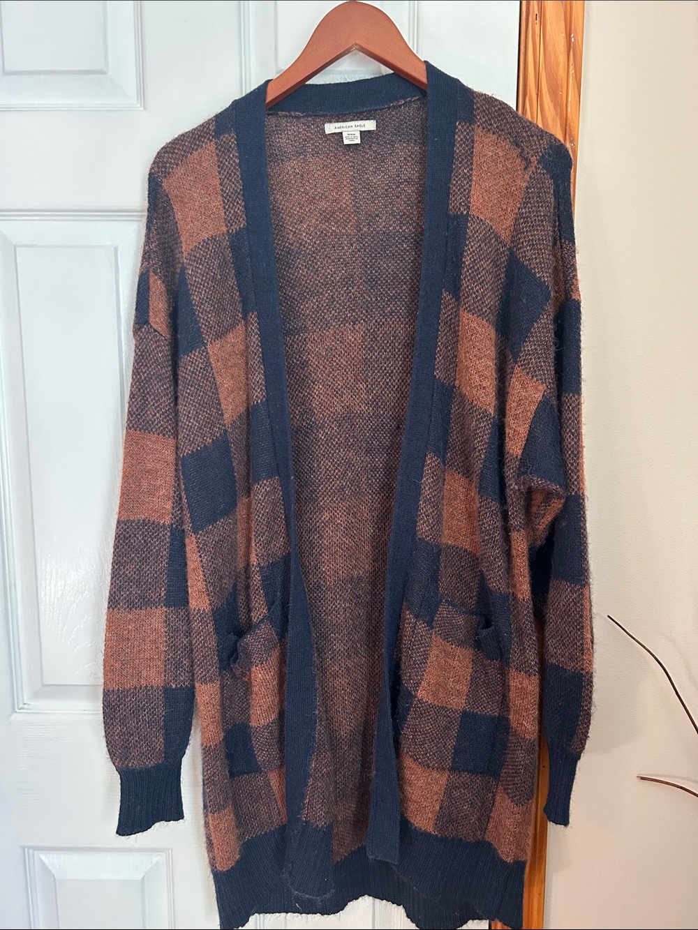 American Eagle Outfitters Navy & Brown Plaid Open-Front Cardigan